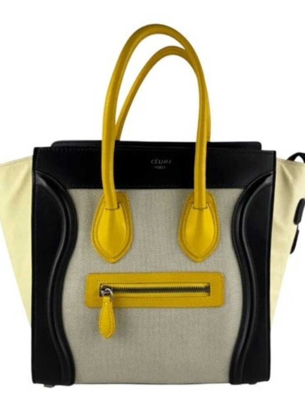 Auth CELINE Luggage Micro Shopper Handbag Black/Yellow/Cream Leather - z10446